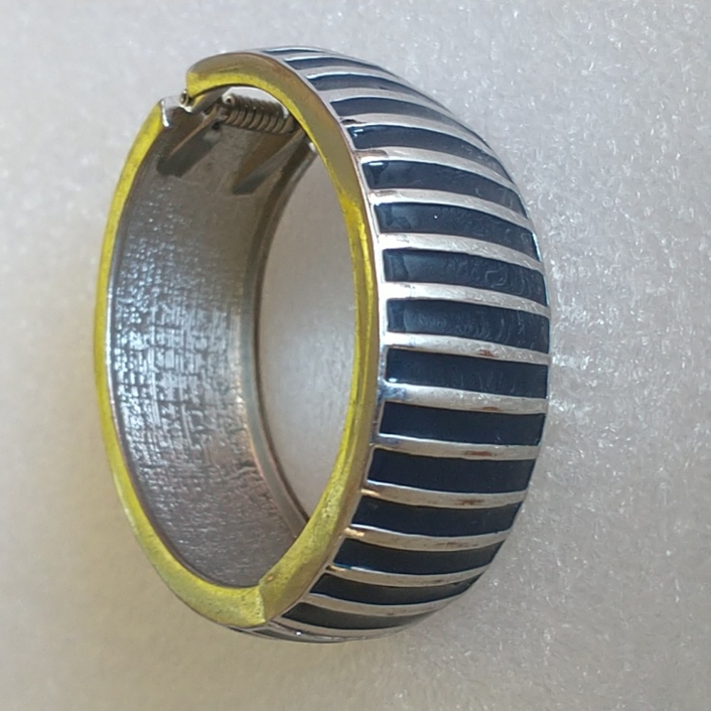 Women's Striped Hinged Cuff Bracelet Navy Blue & Silver Tone